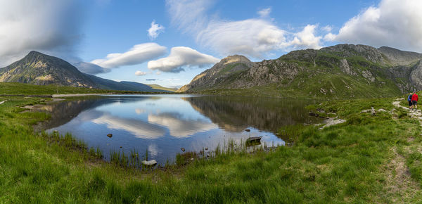 Scenic view of lake and mountains against sky