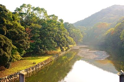 Scenic view of river with mountains in background