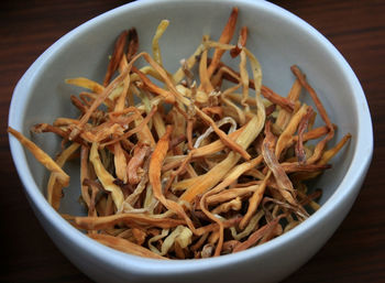 High angle view of noodles in bowl on table