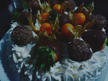 High angle view of fruits in plate