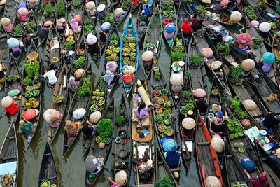 High angle view of floating market