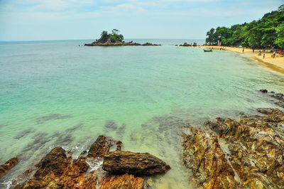 Scenic view of bay against sky