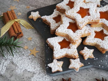 High angle view of cookies on table