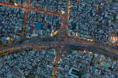 High angle view of city street at night