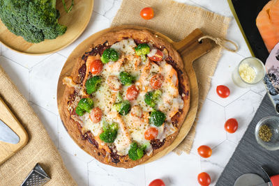 High angle view of pizza on table