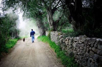 Rear view of woman walking on footpath