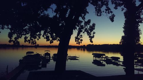 Silhouette tree by lake against sky during sunset