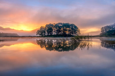 Scenic view of lake against sky during sunset