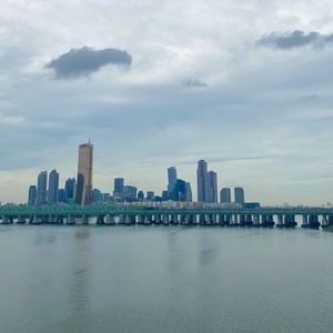 Scenic view of river and buildings against sky