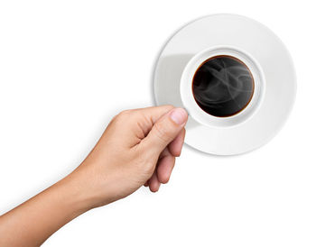 Directly above shot of hand holding coffee cup