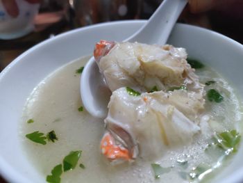 Close-up of crab soup in bowl on table