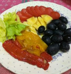 Close-up of fruits in plate on table