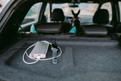 Rear view of man sitting in car