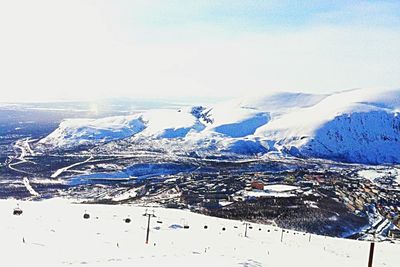 Aerial view of snowcapped mountains against sky