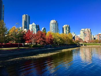 Trees and buildings against clear blue sky