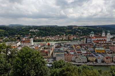 High angle shot of townscape against sky