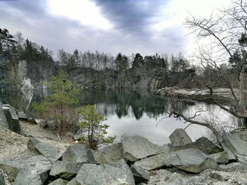 Scenic view of lake against cloudy sky