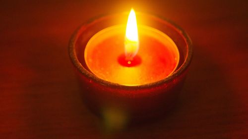 Close-up of lit tea light candle