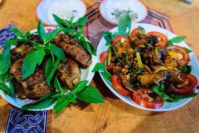 High angle view of meal served on table