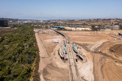 High angle view of construction site against sky