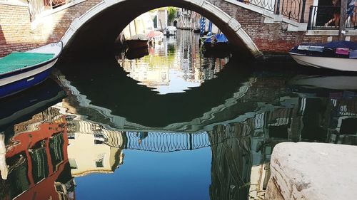 Reflection of buildings and arch bridge on canal