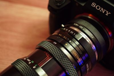 Close-up of camera on table