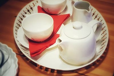 High angle view of tea cup on table