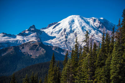 Scenic view of snowcapped mountains against clear blue sky