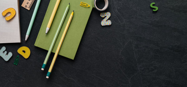 High angle view of objects on table