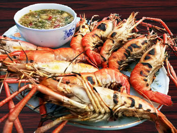 High angle view of prawns on table