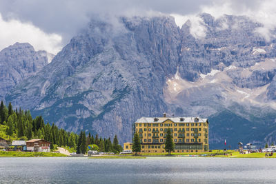 Lake against mountain range