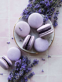 French macarons with lavender flavor and fresh lavender flowers on a tile background