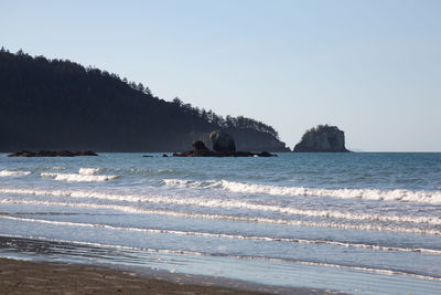 Scenic view of beach against clear sky