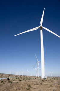 Windmill on field against clear blue sky