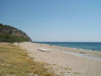 Scenic view of beach against clear sky