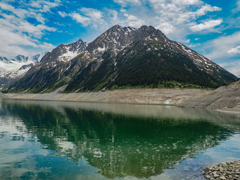Scenic view of lake by mountain against sky