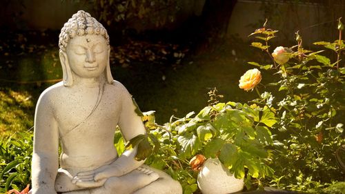 Statue of smiling buddha against plants