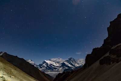 Low angle view of snow covered mountains against clear sky