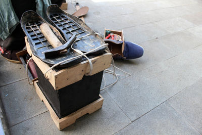 High angle view of shoes on floor