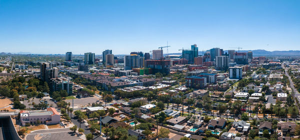 High angle view of cityscape against clear sky