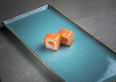 High angle view of sushi in plate on table