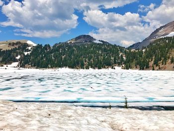 Scenic view of lake by snowcapped mountains against sky