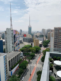 Aerial view of buildings in city against sky