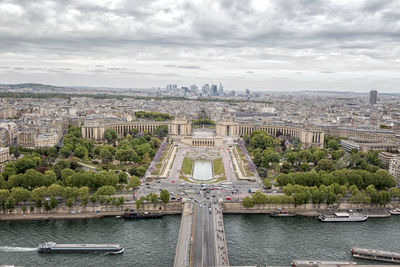 Aerial view of city against cloudy sky