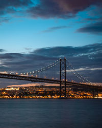 Suspension bridge over river against cloudy sky