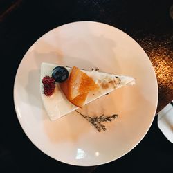 High angle view of cake served on plate