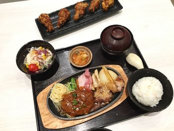 High angle view of food served on table