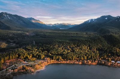 Scenic view of lake by mountains against sky