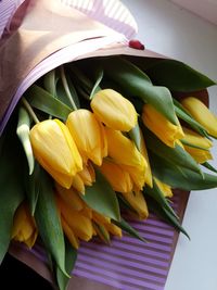 High angle view of tulip bouquet on table