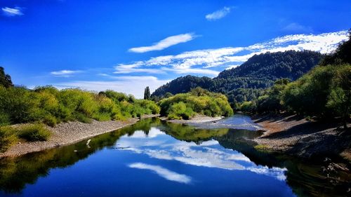 Scenic view of river against cloudy sky